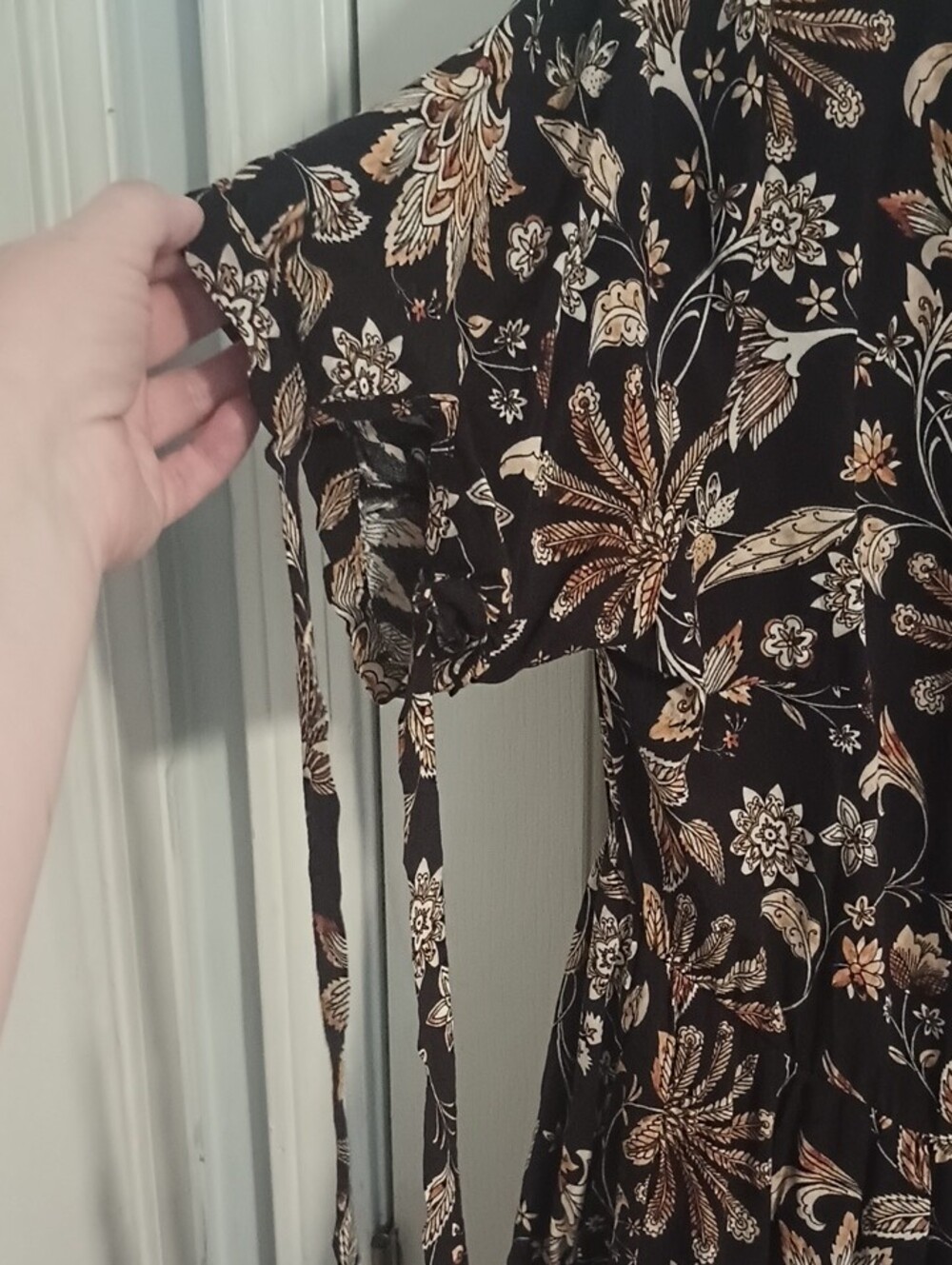 BloomChic Black Floral Midi Dress with Tan and Cream Accents - Picture 3 of 6